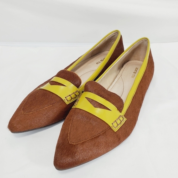 All Black /Anthropologie Brown Citron Patent Leather Pony Hair Loafer Flat 40EU - Picture 6 of 10
